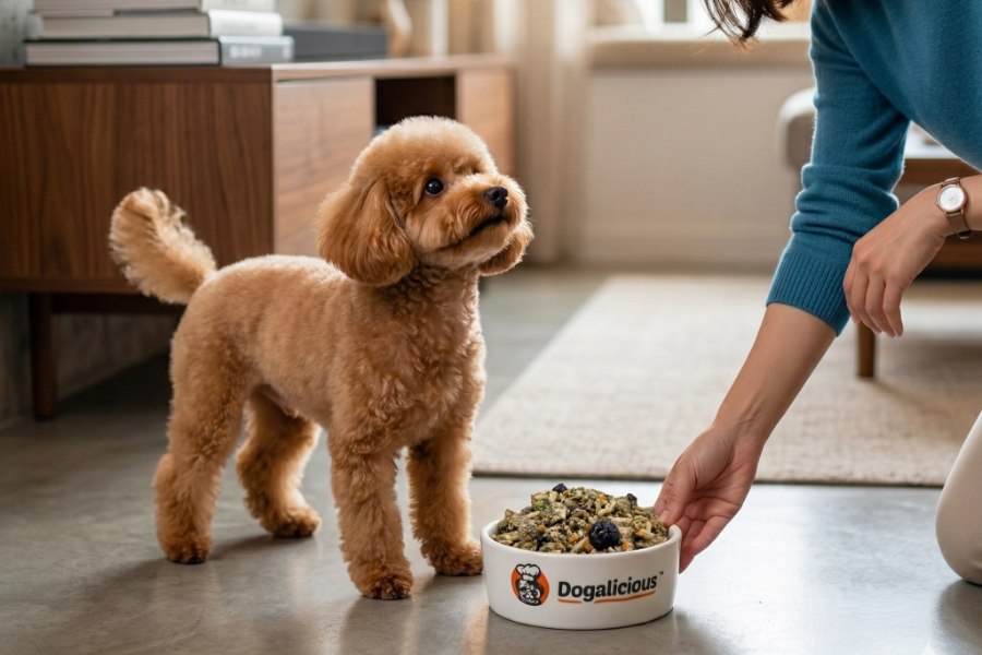 主人將盛滿 Dogalicious 鮮食的品牌狗碗放在地上，貴賓犬抬頭期待開飯